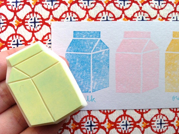 milk box rubber stamp. hand carved rubber stamp. hand carved stamp.