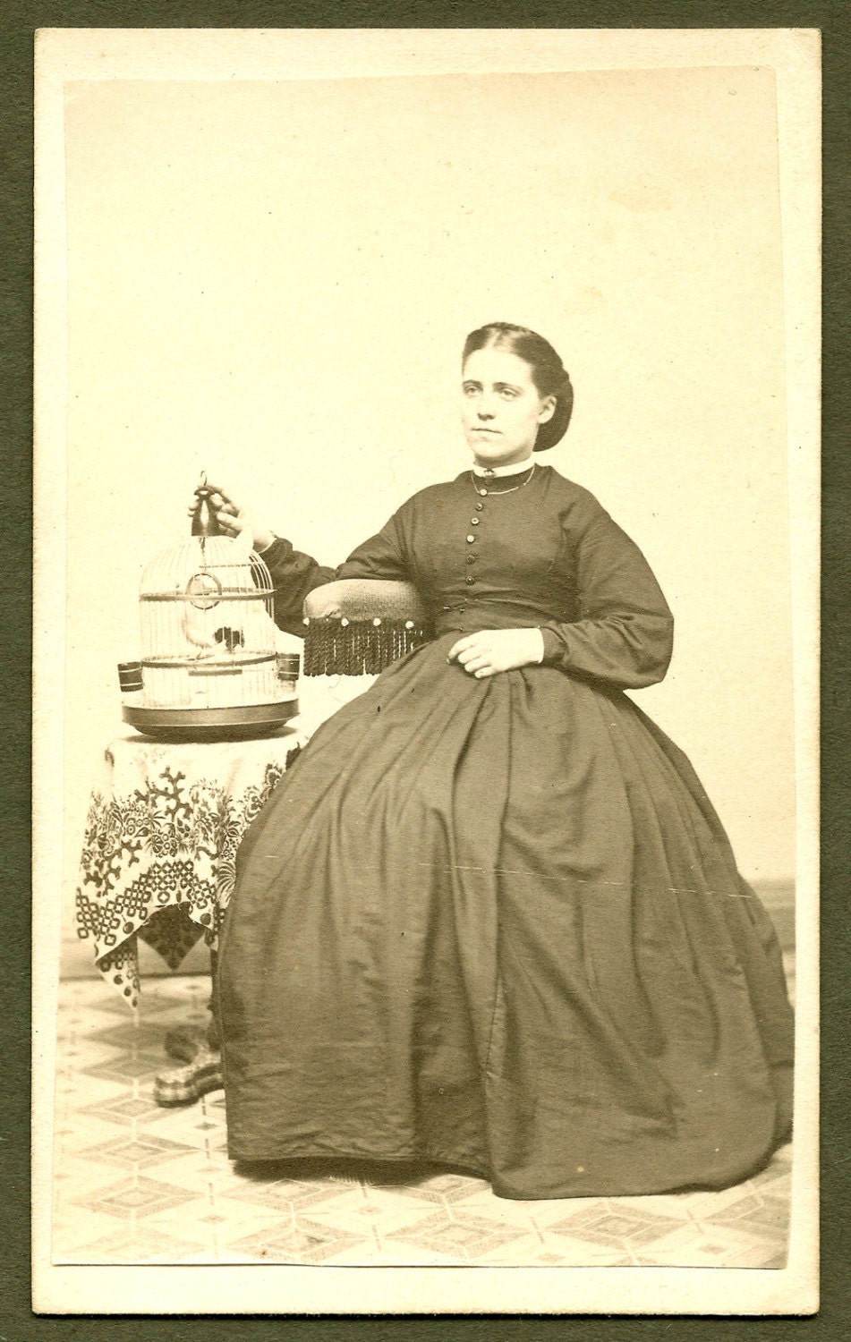 Woman with Bird in Birdcage Civil War Era CDV