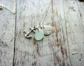 Anchor Necklace, Personalized Charm Necklace with Seafoam Sea Glass Anchor and Initial Charm Sterling Silver