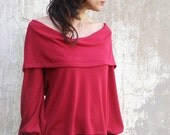 Red  Womens  Sweater top/shirt-2 ways top/shirt/ long sleeves--FLOW WINTER TOP- made to order-womens Sweater-Plus size top/blouse