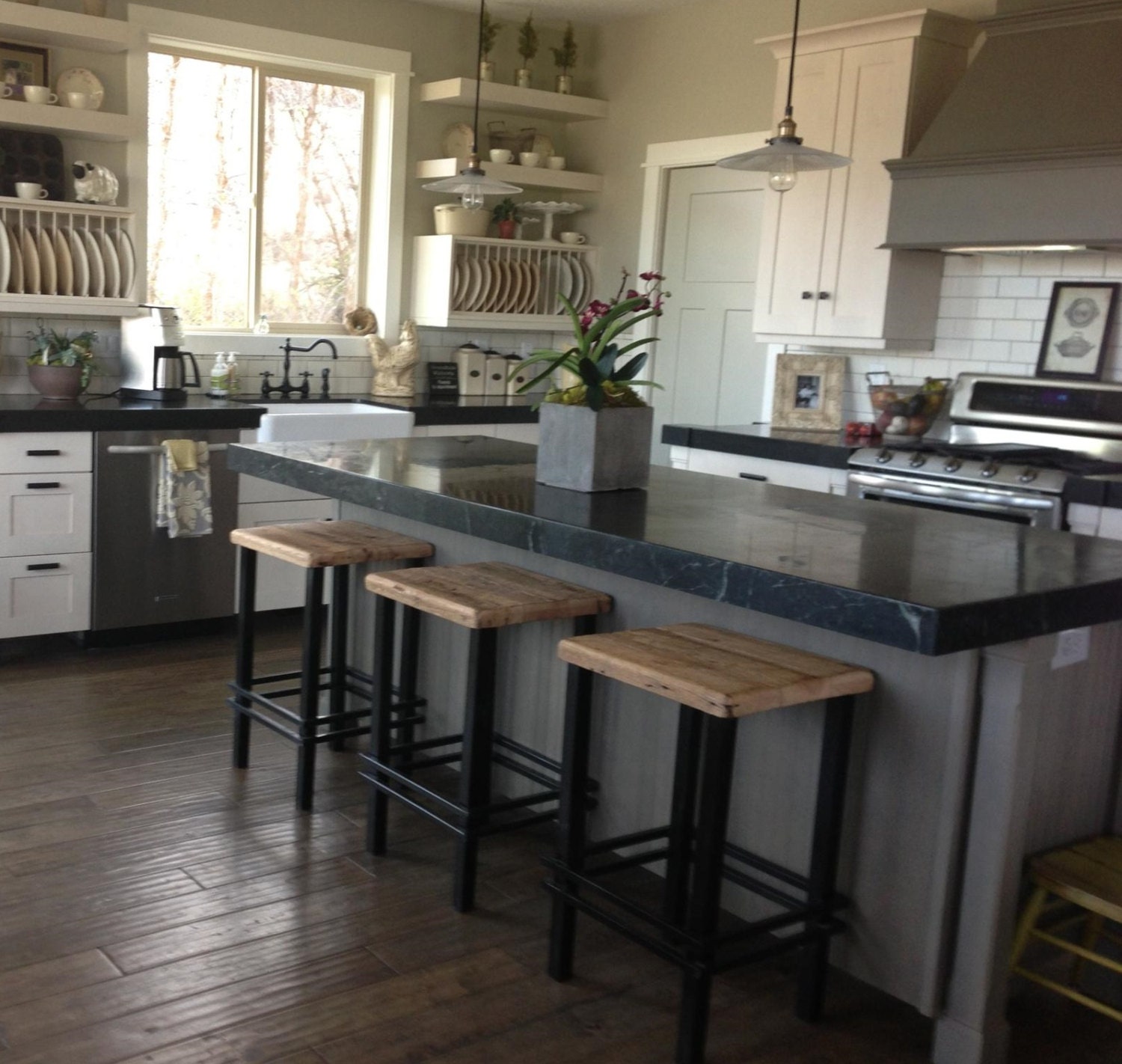 YOUR Custom Reclaimed Rustic and Recycled Oak Barn Wood and Metal 24" - 28" bar stools