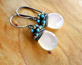 White Chalcedony Earrings, Turquoise, Wire Wrapped, Oxidized Silver, Kande Kristina Henning - Arizona