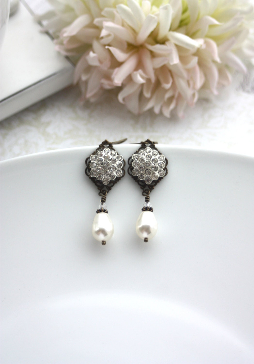 A Vintage Style Rhinestone Filigree Swarovski Teardrop Crystals Earrings.  For Her. Bridal Gifts.  Vintage Wedding. Bridesmaid Earrings.