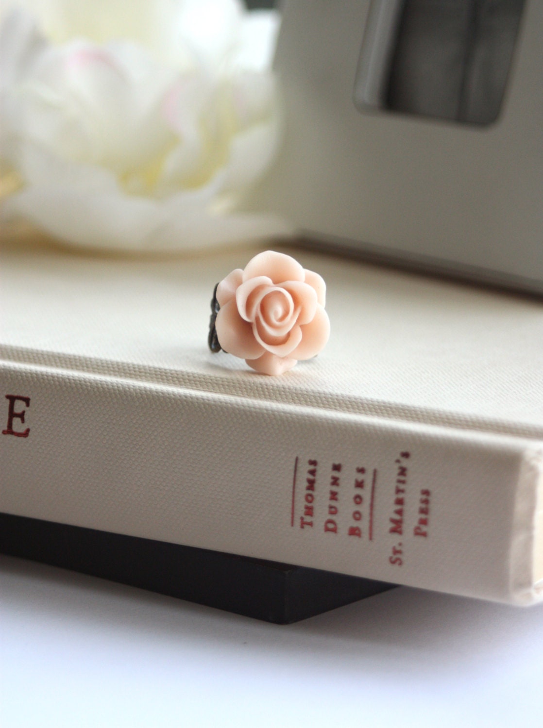 Soft Pink Rose Flower Ring, Pink Flower Antique Brass Filigree Adjustable Ring, Victorian Style, Shabby Chic, Cocktail Ring