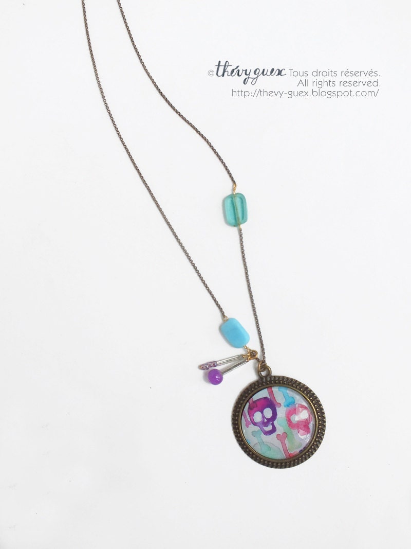Multicolor Skull Glass Cabochon Pendant Necklace/Gift For Her/Jewelry Art/Art Pendant Necklace/ Illustrated Dainty Jewelry