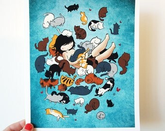 Kitty Heaven 8x10 color fine art print - drawing mixed media colorful crazy cat lady