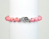 Owl Bracelet -  Pink Bead Stretchy Bracelet