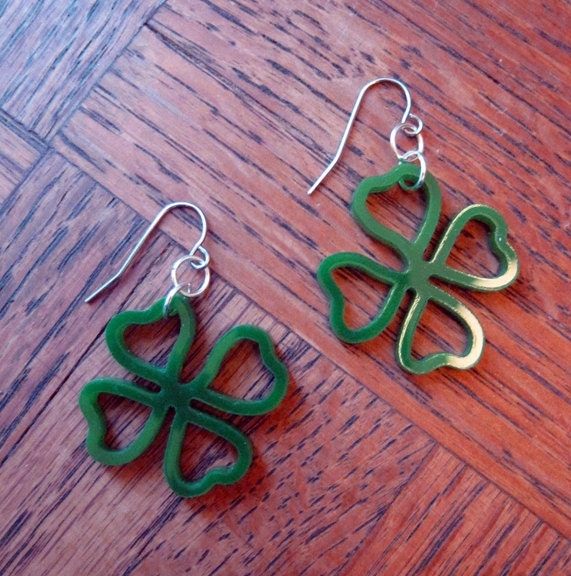 Four Leaves Clover Earrings in Emerald Green (in laser cut acrylic, stainless steel earwires)