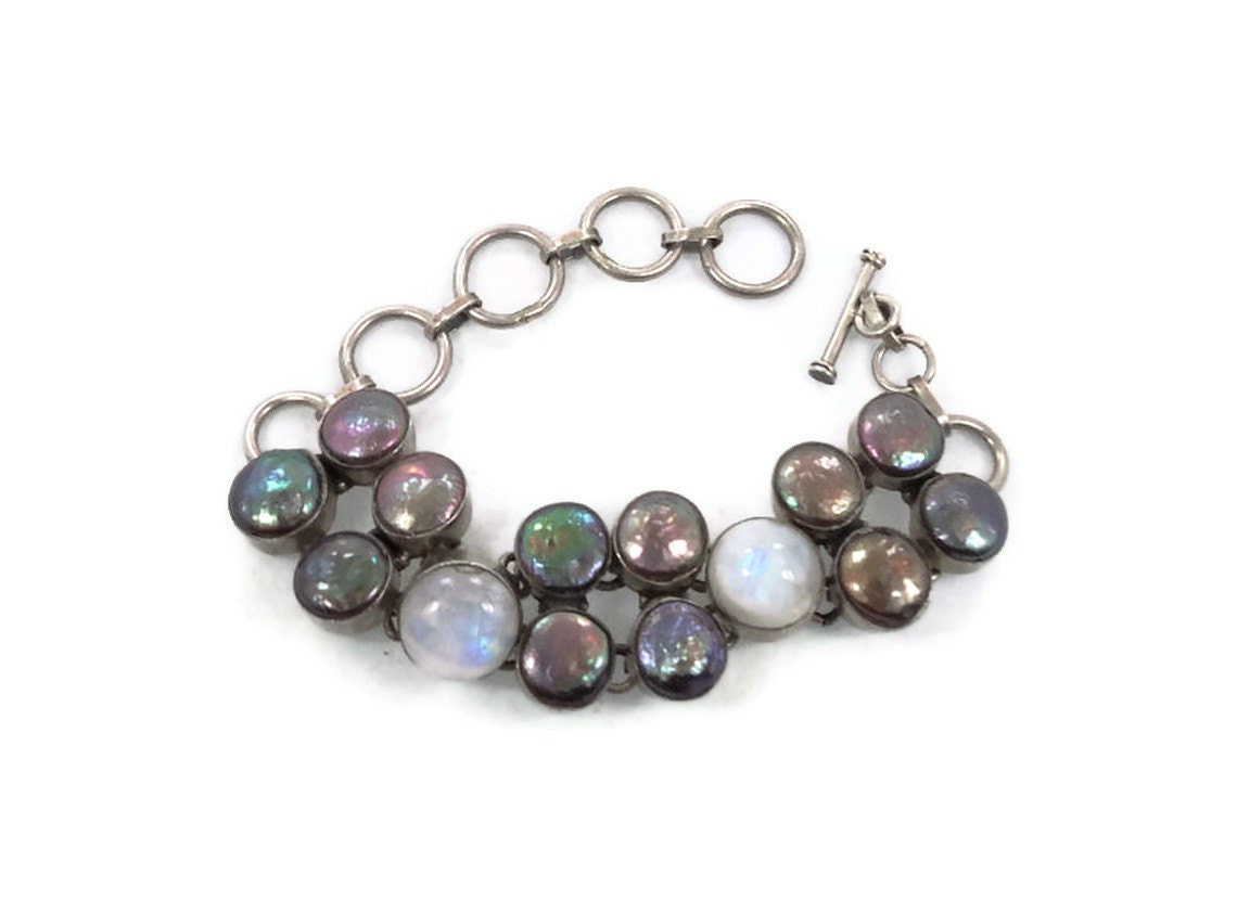 Moonstone & Peacock Pearl bracelet - Sterling silver - BIG, chunky - Bohemian gypsy fusion - InVintageHeaven