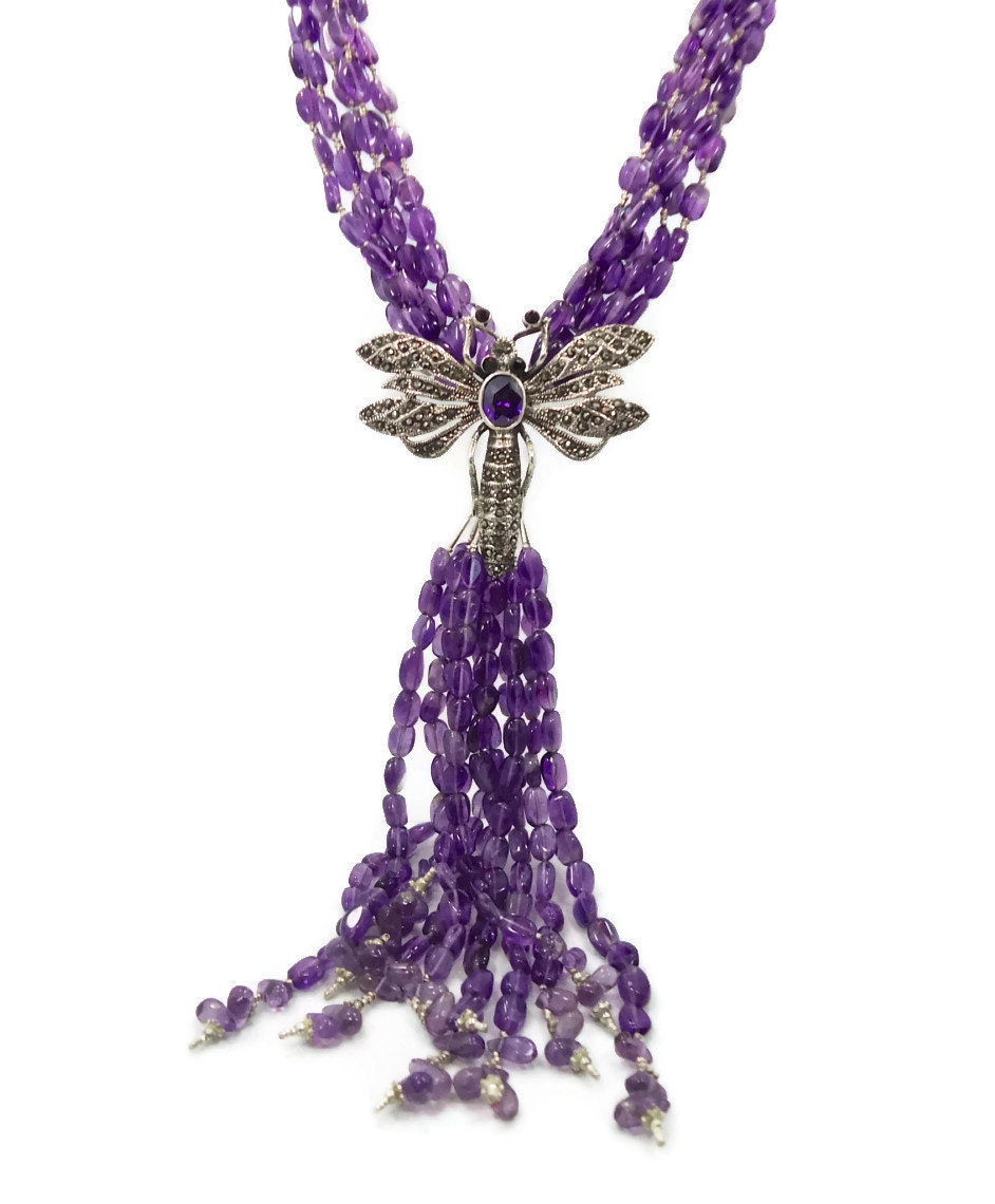 RESERVED - Amethyst & Dragon Fly Sterling Silver Necklace - Big Statement Piece - InVintageHeaven