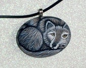 Save the Grey Wolf, stone pendant, miniature wolf, spring, Father's day, gift for naturalist, statement jewelry, hand painted rocks
