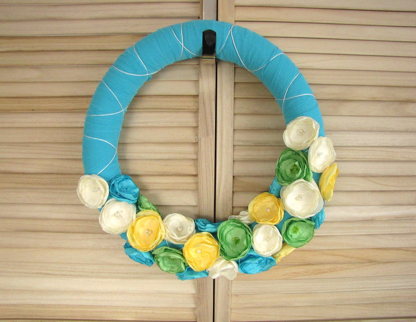 Fabric flower wreath, floral fabric wreath, handmade rustic home decor, large shabby chic flower wreath (17 inches) - MERMAID INSPIRED