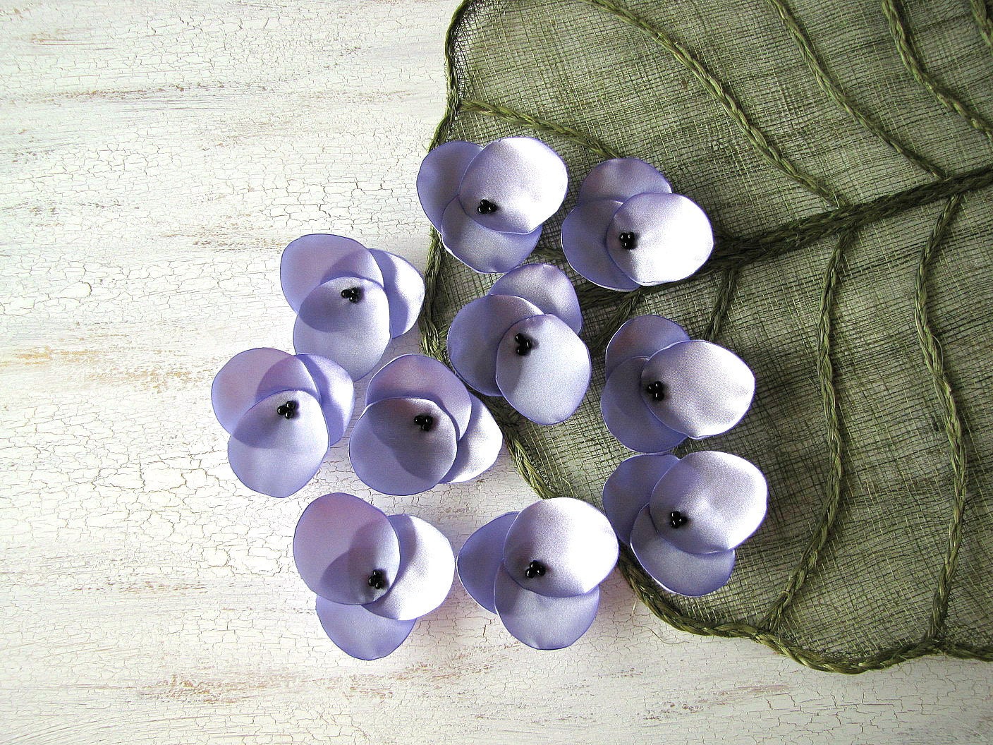 Hydrangea Blossoms- Handmade satin sew on flower appliques, bridal DIY crafts, floral supplies, fabric flowers (10 pcs)- PERIWINKLE