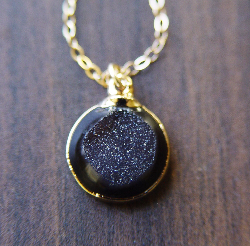 Black Geode Druzy Necklace Gold OOAK