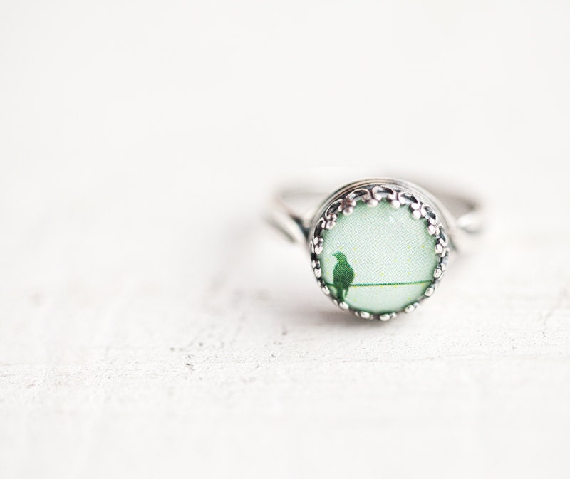 Mint bird ring - Spring jewelry - Pastel trend - Adjustable ring (R040)