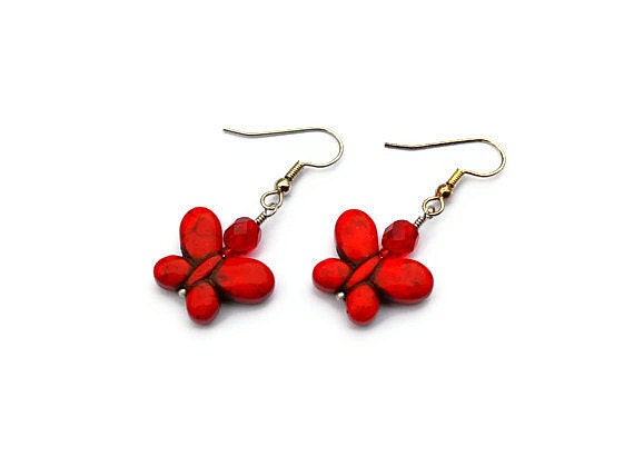 Turquoise Butterfly Dangle Earrings Yellow, Red, White, Green, Pink, Orange, Purple Howlite
