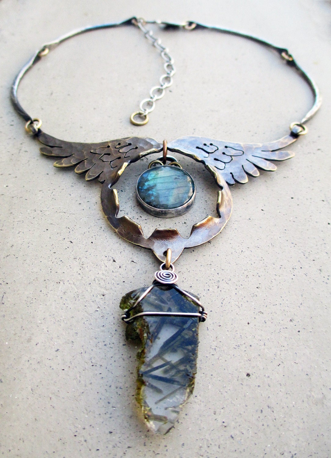 Angel Wing Amulet with Labradorite and Dream Quartz, aka Epidote in Quartz, Mixed Metal, Handmade, Artisan Jewelry, Spiritual Symbol