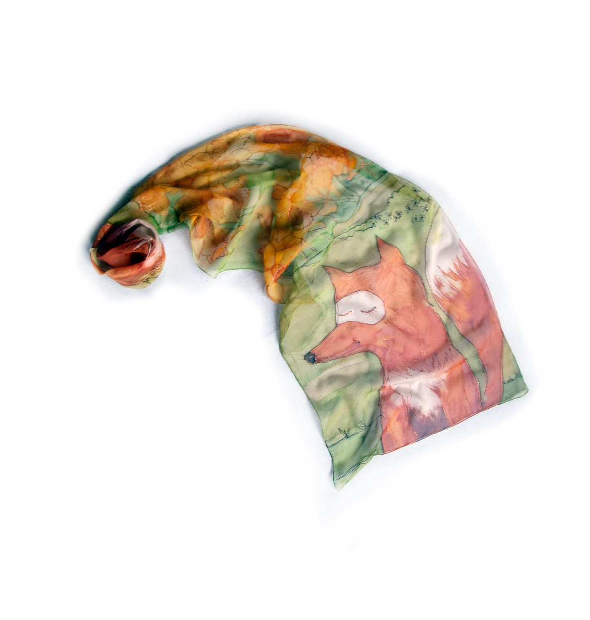 Foxes in a daffodils garden. Hand painted silk chiffon scarf.Green orange yellow scarf. Spring silk scarf