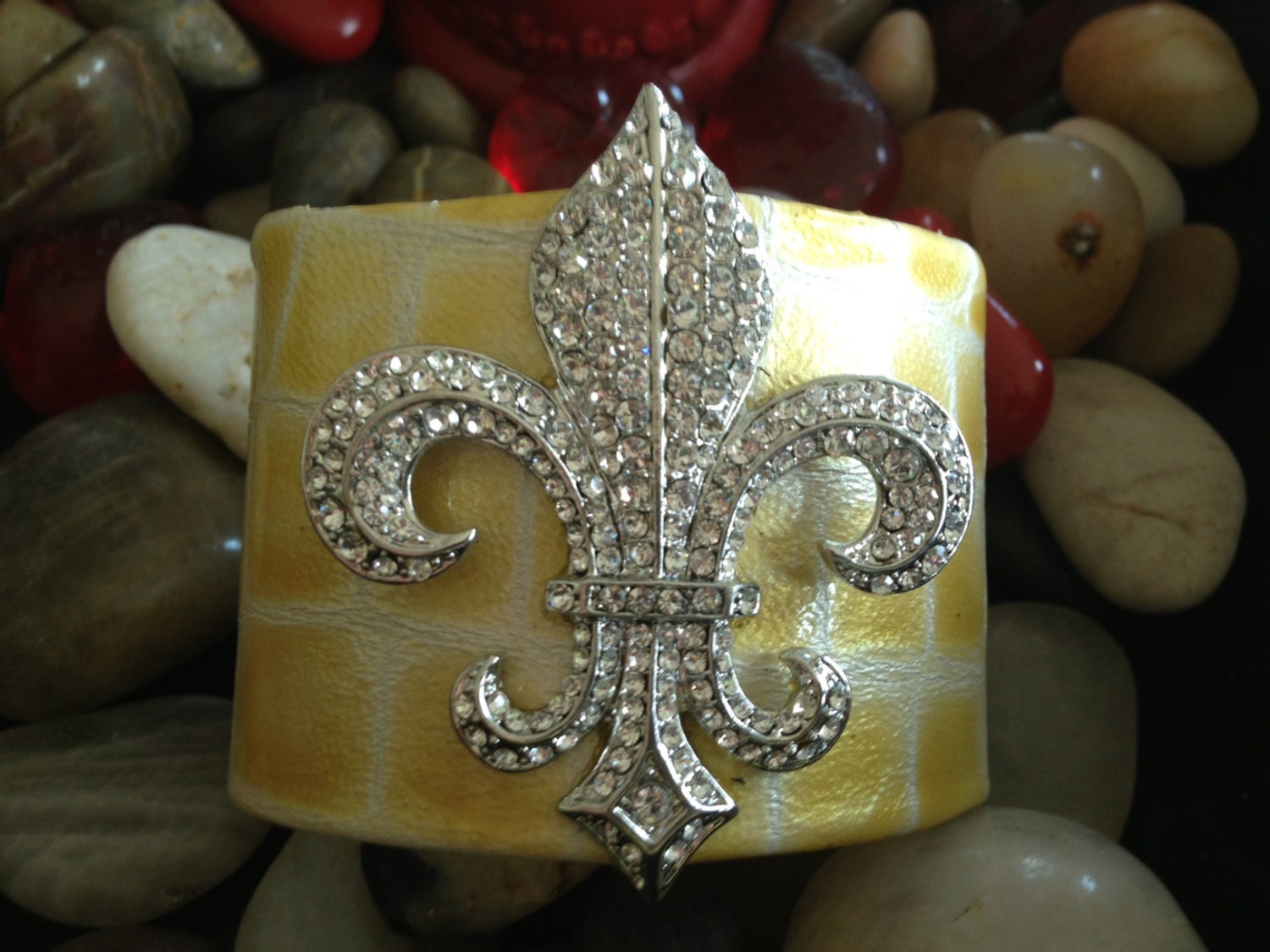 Rhinestone Fleur de Lis on Metallic Yellow-Gold Snakeskin Leather Cuff Bracelet - On SALE