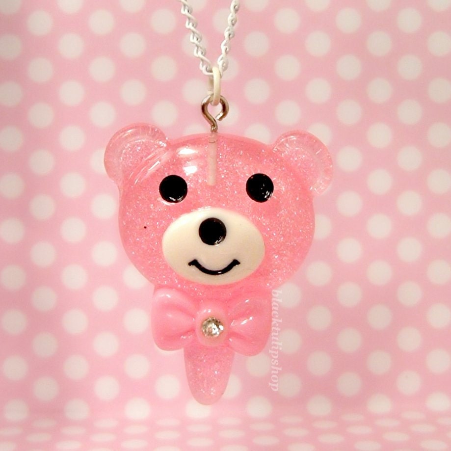 Fairy Kei Sweet Lolita Necklace Pink Glitter Bear Lollipop Charm Pendant Lolly Bling Bow - AS IS
