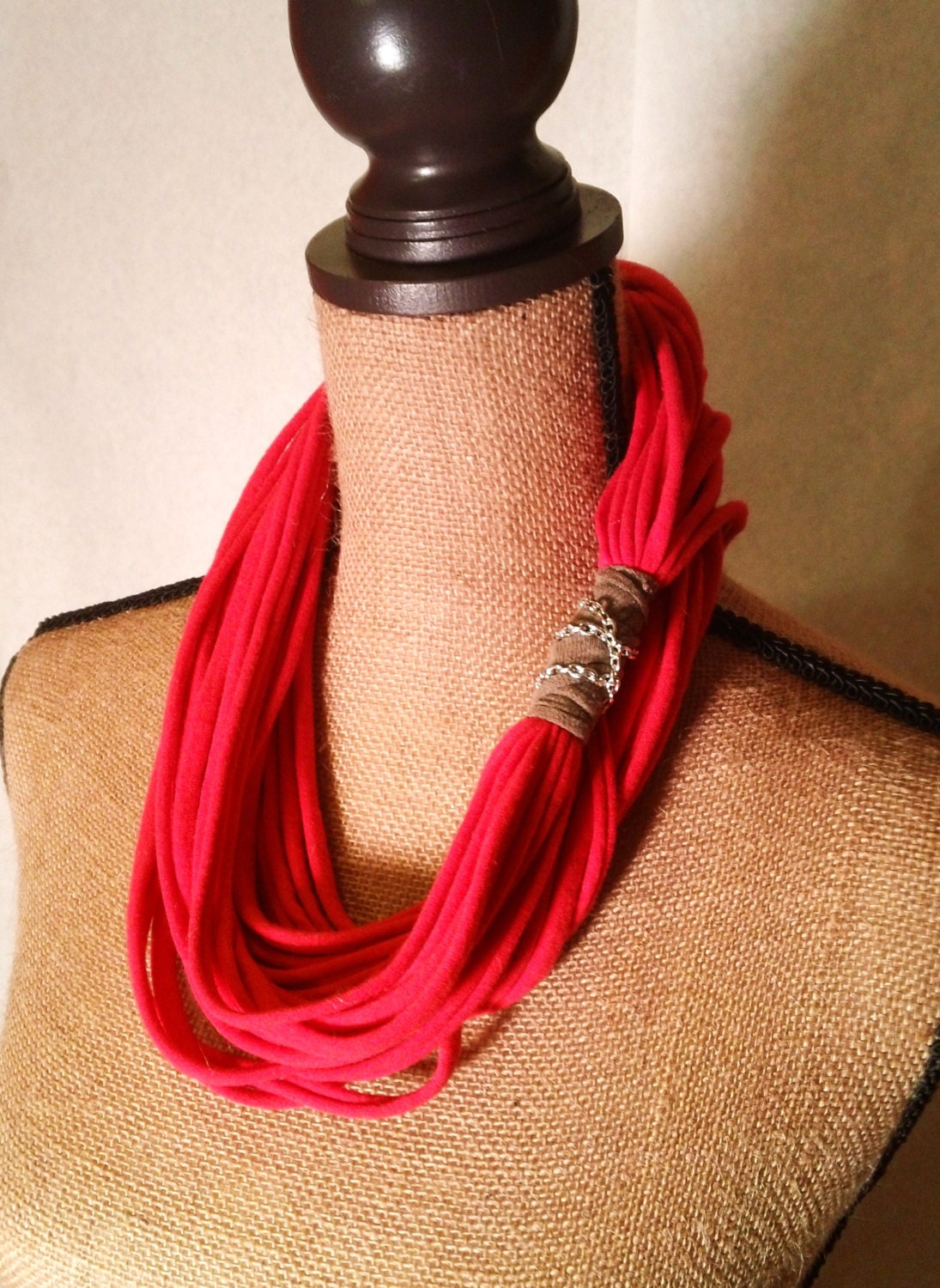 Infinity Red Cotton T-Shirt Scarf with Taupe Accent and Aluminum Chain - 50"