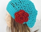 Hand Knit Hat  Beehive beret in  Turquoise womens hat   Slouchy Beanie  Fall Autumn Winter Spring  Fashion  Accessories