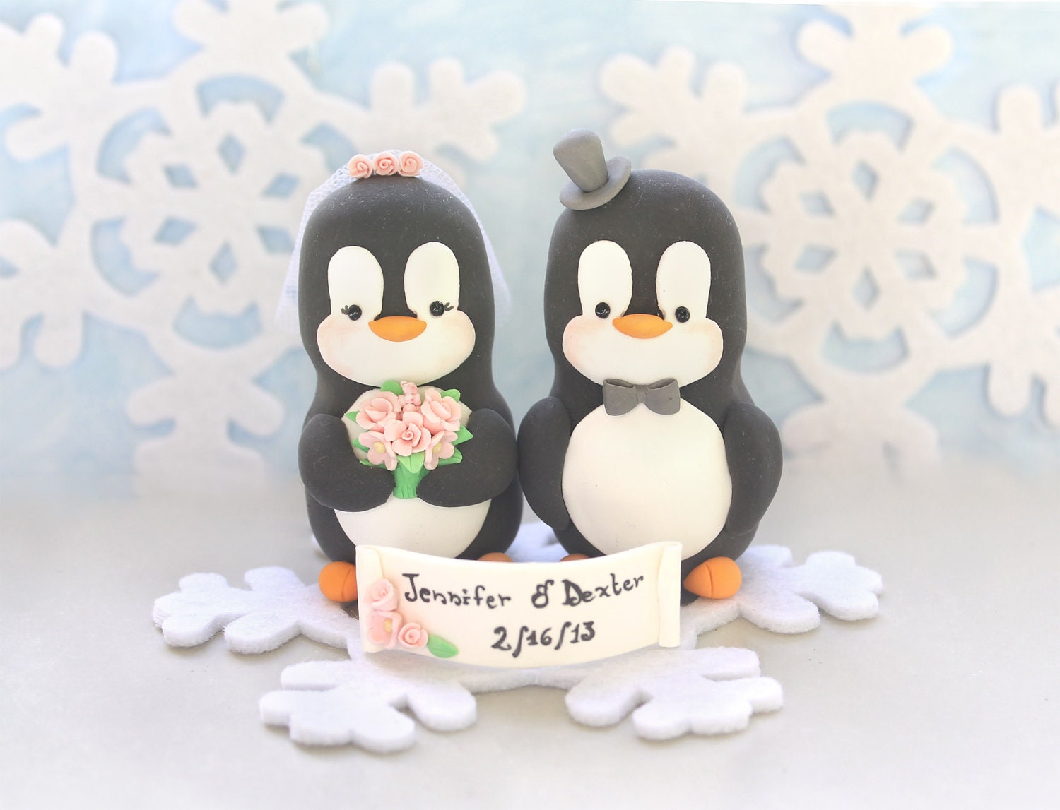 Unique wedding cake topper - Penguins LARGER size with snowflake base and banner