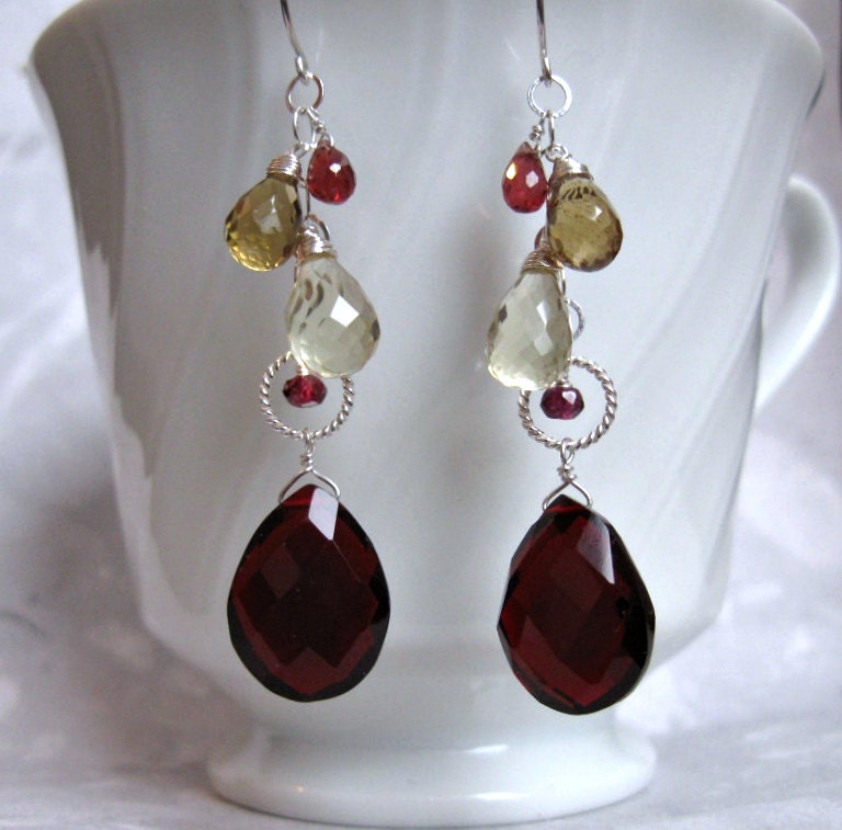 Garnet Quartz Earrings- Garnet, Quartz, Silver, Wire Wrapped