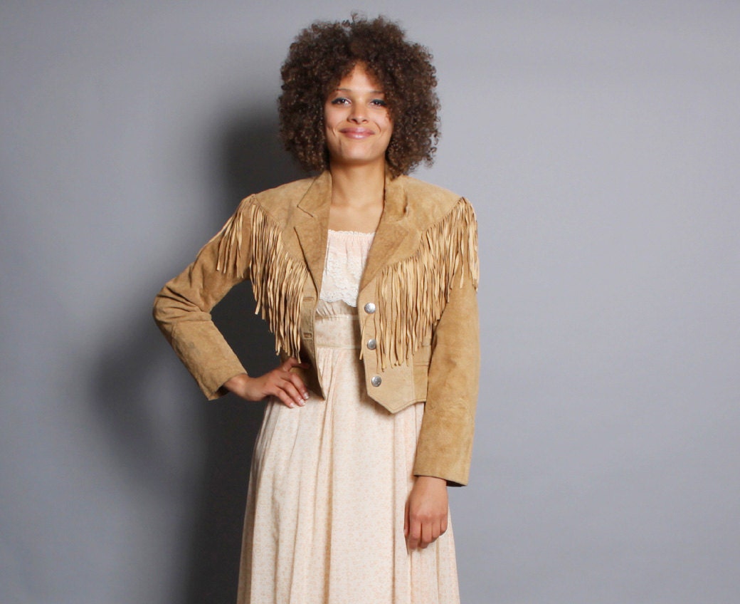 80s FRINGED Suede JACKET / Cropped Tan Western Biker Jacket, s-m