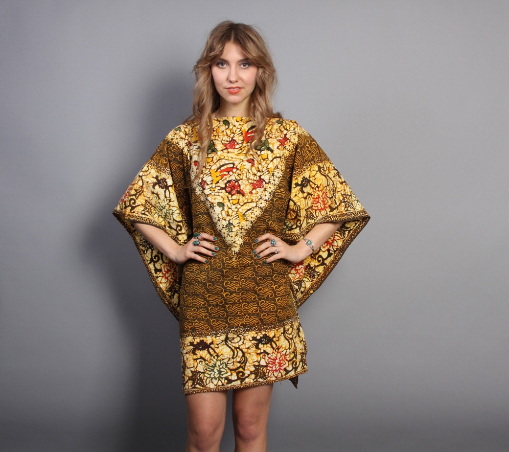 70s CAFTAN DRESS / Ethnic Batik Print Draped Mini