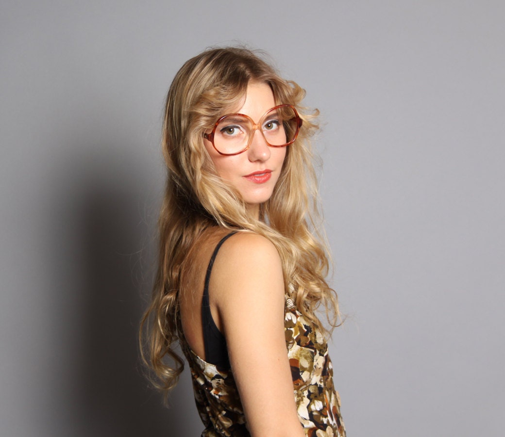 70s GLASSES Frames / Transparent Auburn & Peach Oversized Plastic Frames