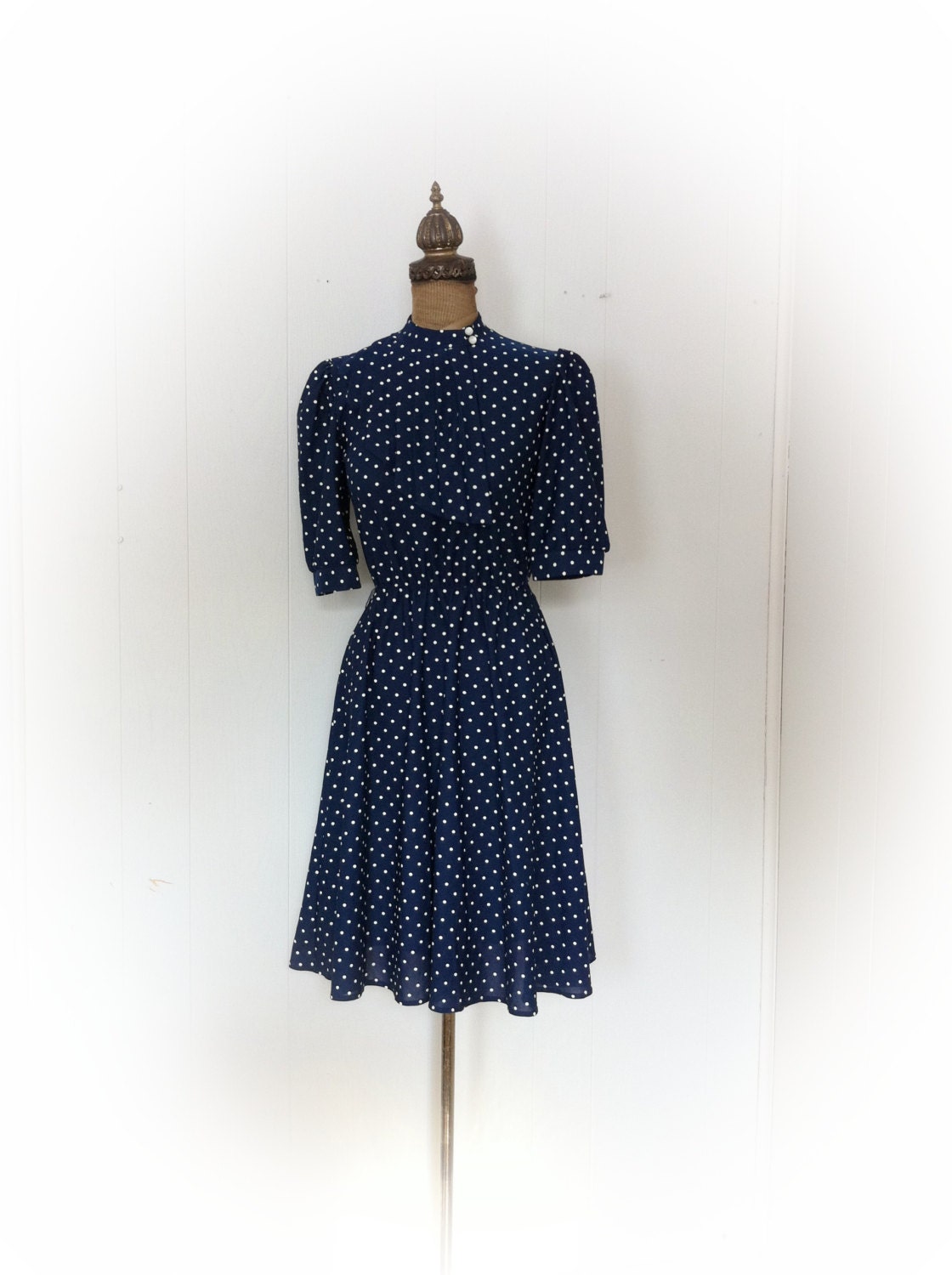 Vintage 1980s Dress Navy Blue with White Polka Dots