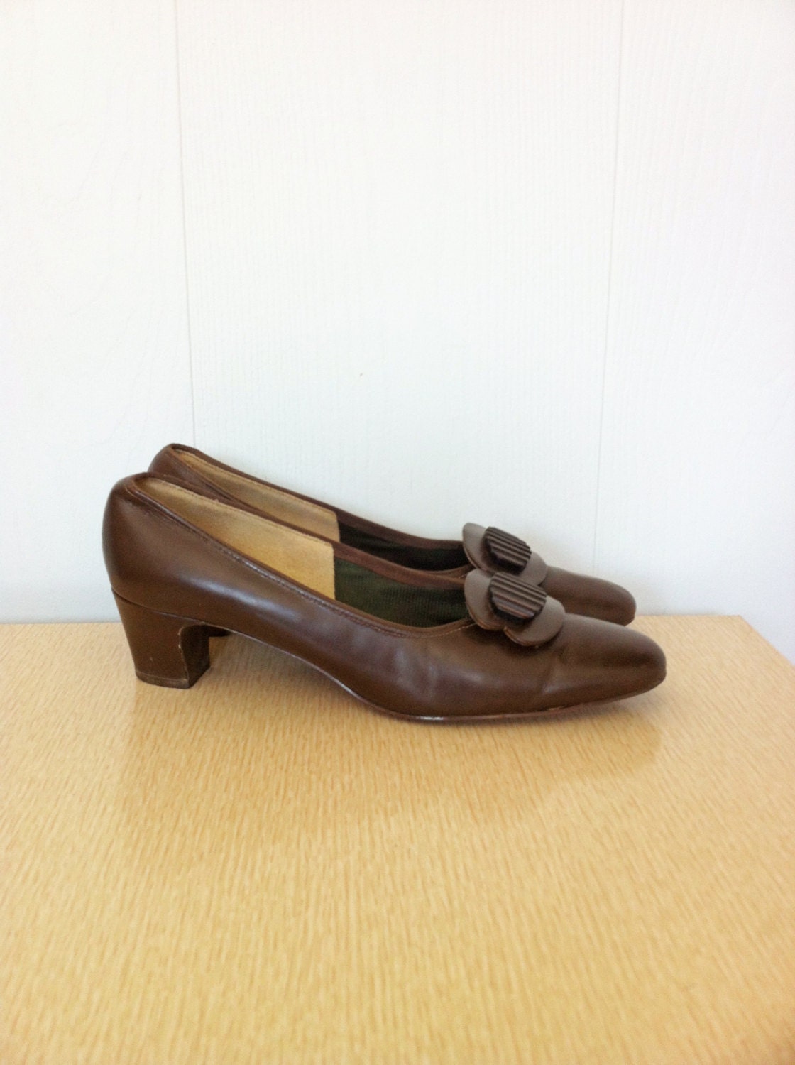 Vintage 1960s Shoes Brown Red Cross Chunky Low Heel with Lucite Buckle Size 7 and 1/2
