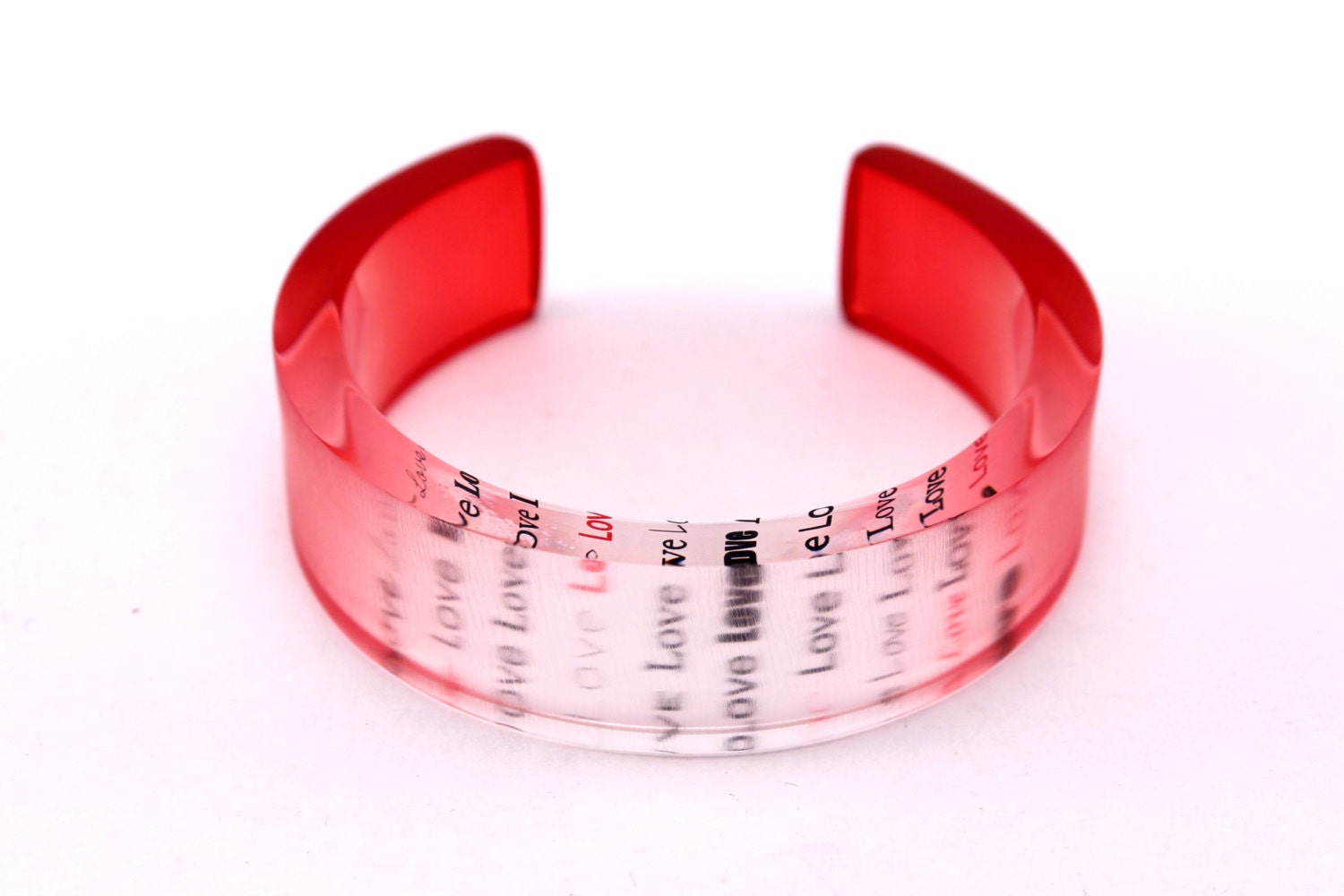 Red Love Bangle, Valentines Cuff Clear Frosted Handmade Acrylic Jewelry
