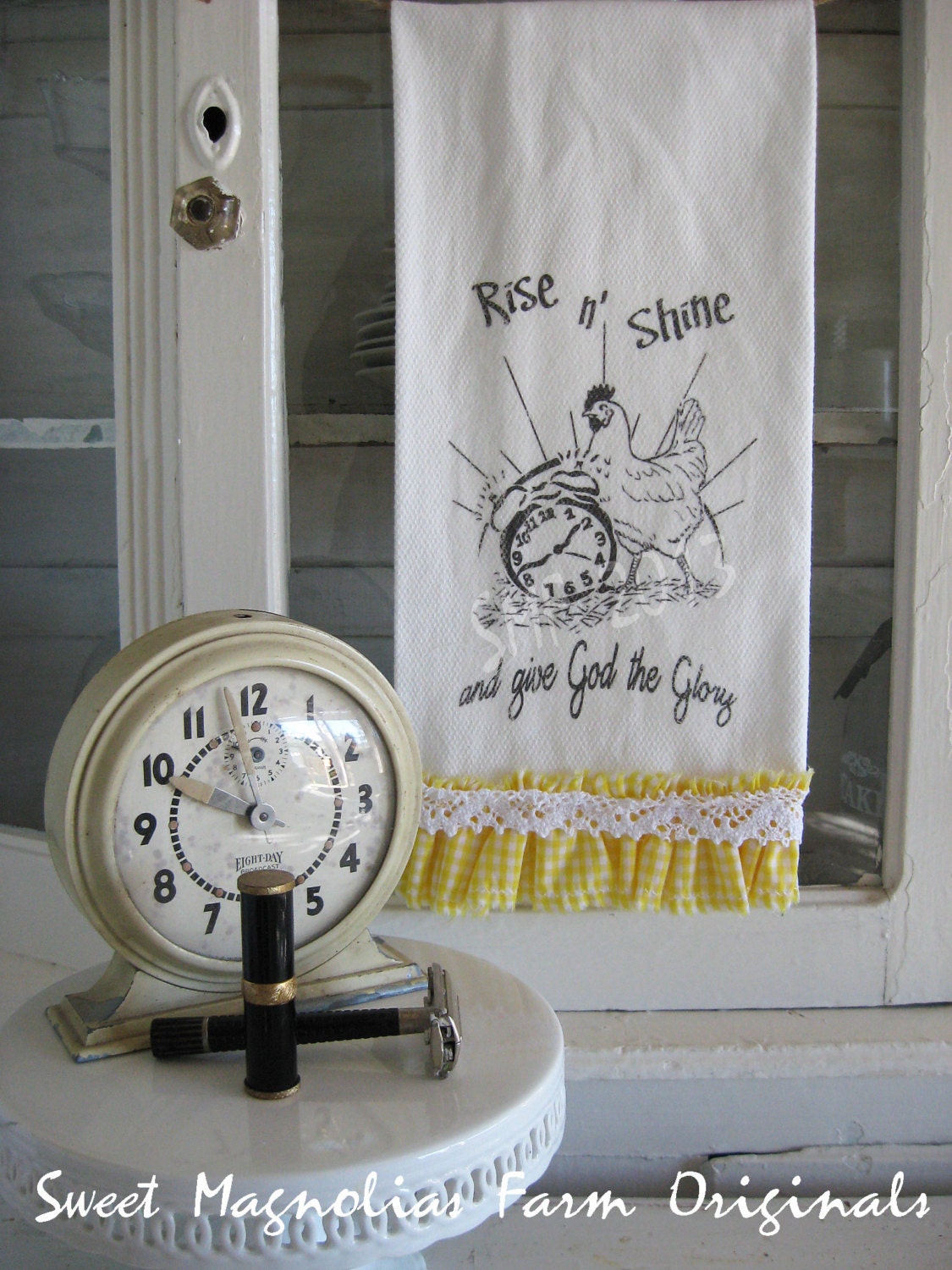 Ruffled Bathroom Hand Towel - " Rise N Shine and Give God the Glory" - Rooster and Alarm Clock -...for your Home, Farmhouse or Cottage