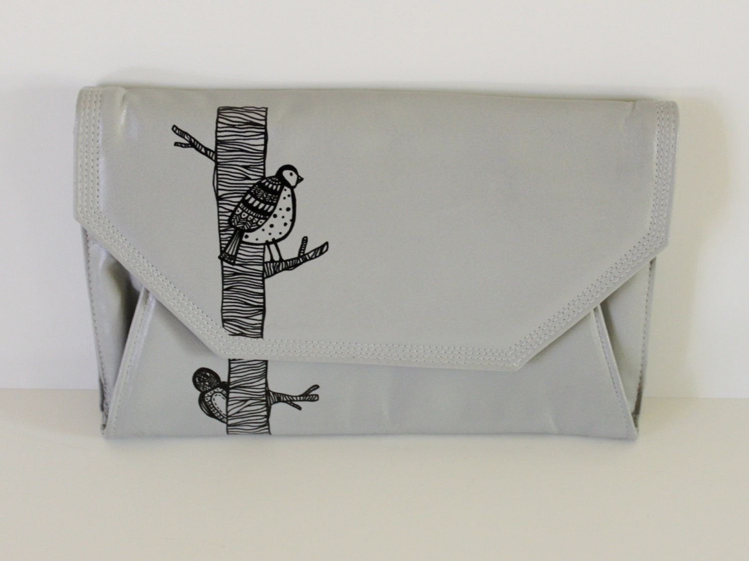 Perfect Pair - VINTAGE grey CLUTCH with hand painted birds on tree