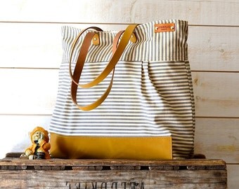 WATER PROOF Best Seller Diaper bag / Messenger bag / Beach tote STOCKHOLM Gray and ecru nautical stripe - 10 Pockets