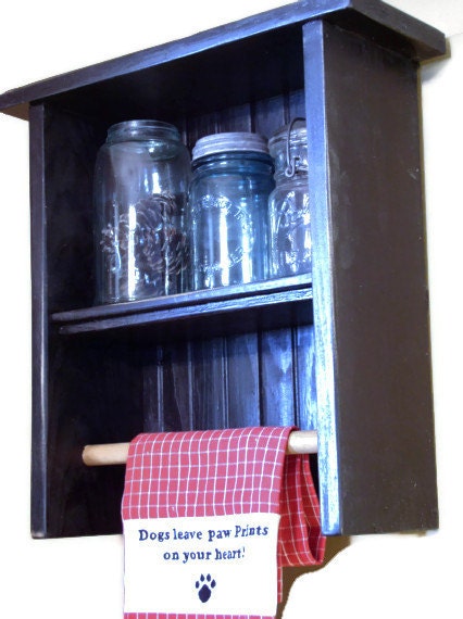 Painted Furniture Shelf Towel Bar Farmhouse Kitchen Organizer Primitive Distressed Black Shabby Chic Cottage