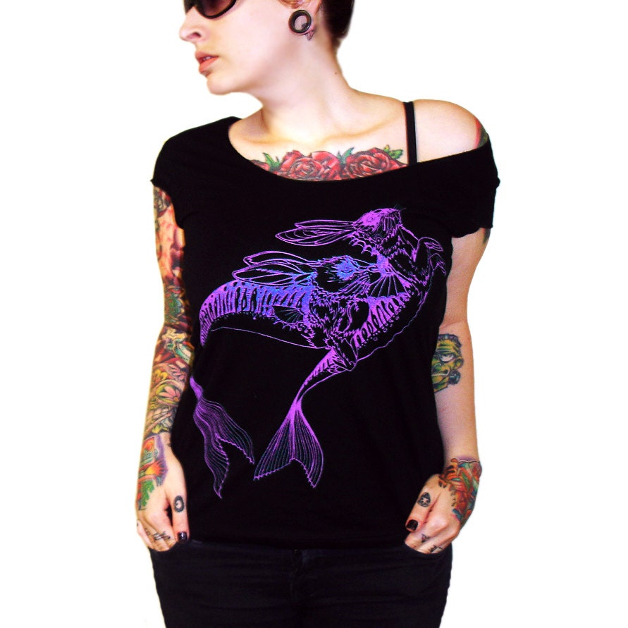 Merrabbit Mermaid Rabbit tshirt - eco-friendly neon purple ink screenprint on black cotton scoop neck - womens sizes S, M, L, XL