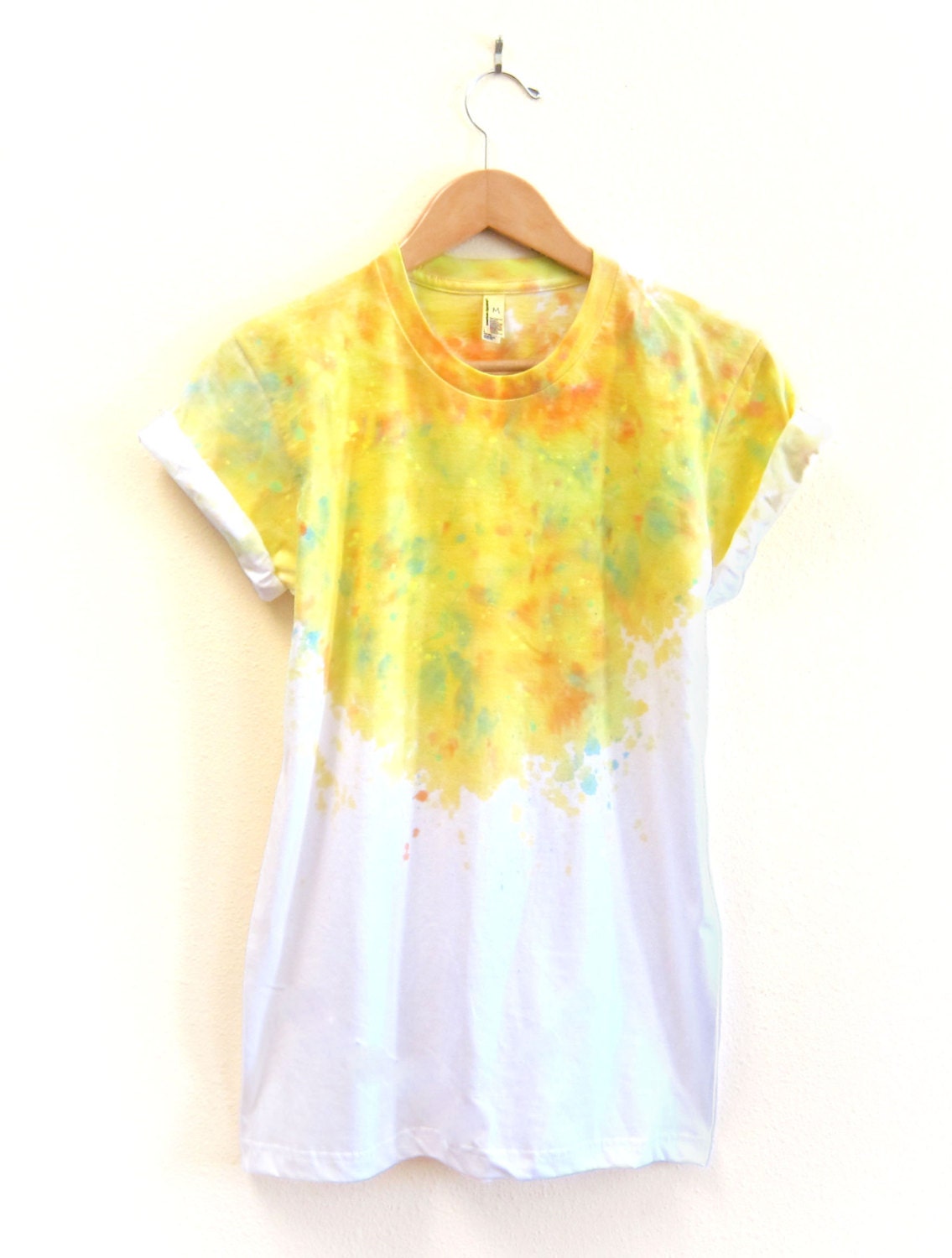 The Original "Splash Dyed" Hand PAINTED Scoop Neck Pinned Rolled Cuffs Tee in White Spectrum Lemon Crystalline - S M L XL 2XL 3XL