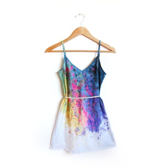 The Original "Splash Dyed" Hand PAINTED Deep V Neck Spaghetti Strap Mini Tunic Tee Dress in White Spectrum Rainbow - XS S M L XL
