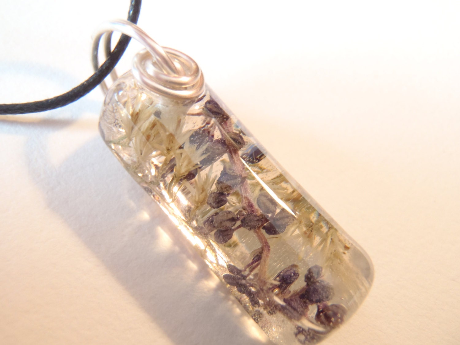 Purple Yellow Flowers Nature Pendant  Silver Wire Clear Resin Forest Earth Boho Necklace Bohemian Jewelry