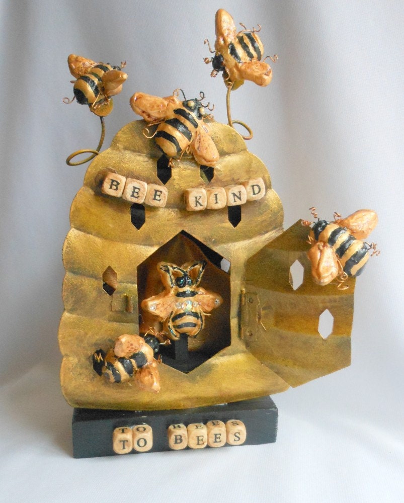 Bee Kind to Bees Whimsical Art Shrine, Mixed Media Original, OOAK Mixed Media