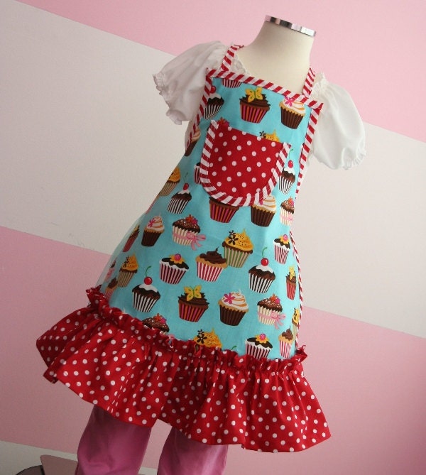 Kids Ruffle Apron - Teal Cupcake size 4t - 6