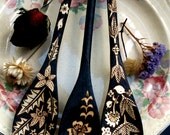 3 Spoon Set- Ready to ship-10 inch wooden spoon set- each a different OOAK floral motif - flower bird, moth blossom- ivy