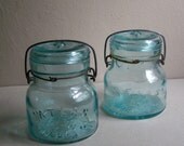Two Vintage Turquoise Blue/Green Pint Size Canning Jars ATLAS E-Z Seal
