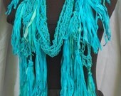 Turquoise Aqua Beaded Silk Handmade Crochet Scarf