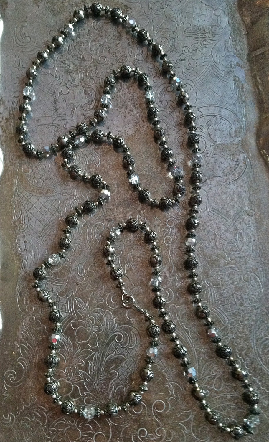 Great Gatsby Roaring Twenties Art Deco  AB Crystal and Roses Dazzling rope Necklace