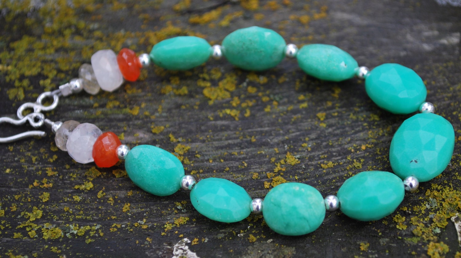 Chrysoprase Bracelet with Accents of Sterling Silver, Carnelian, Moonstone and Rutilated Quartz