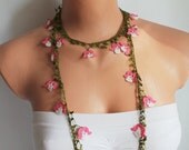 Pink and White Flowers Hand Crocheted Lariat Necklace or Bracelet